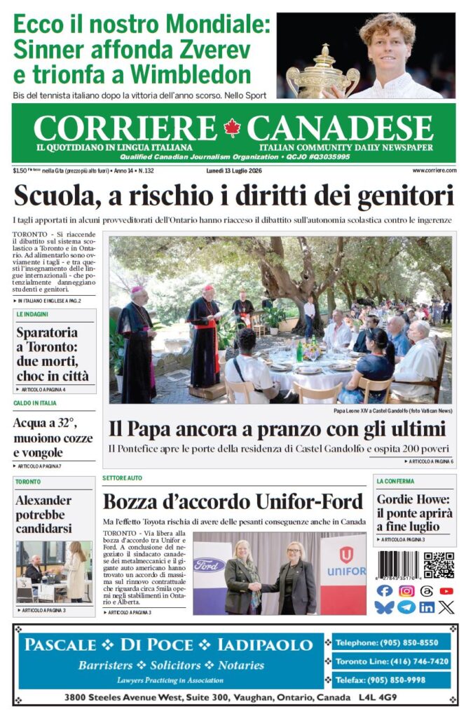 Corriere Canadese front page with a photo of the Pope dining outdoors with guests at Castel Gandolfo.