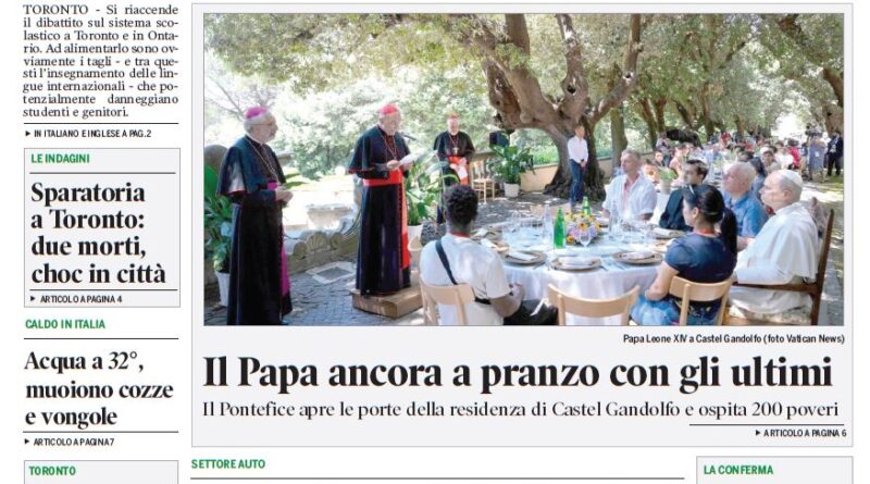 Corriere Canadese front page with a photo of the Pope dining outdoors with guests at Castel Gandolfo.