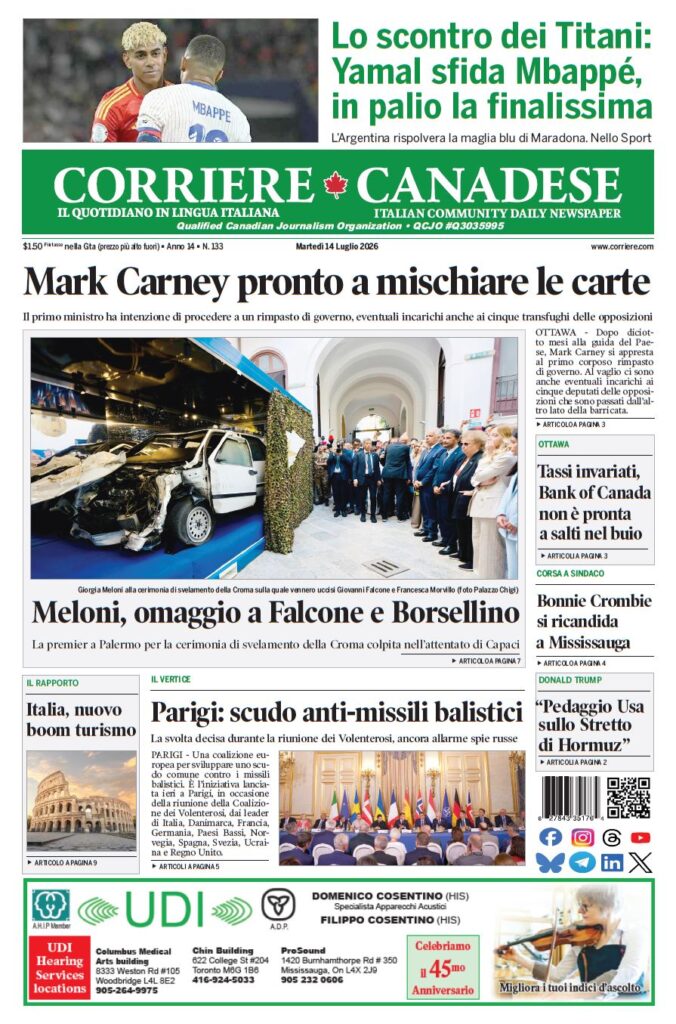 Front page of Corriere Canadese announcing Mark Carney's moves; photo shows a wrecked car on display at a ceremony with officials nearby.