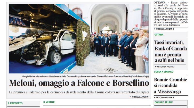 Front page of Corriere Canadese announcing Mark Carney's moves; photo shows a wrecked car on display at a ceremony with officials nearby.