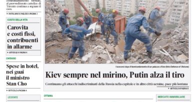 Front page of Corriere Canadese newspaper featuring a bold Italian headline and a photo of rescue workers clearing rubble after a building collapse, with article teasers about Kiev and Putin in the main story.