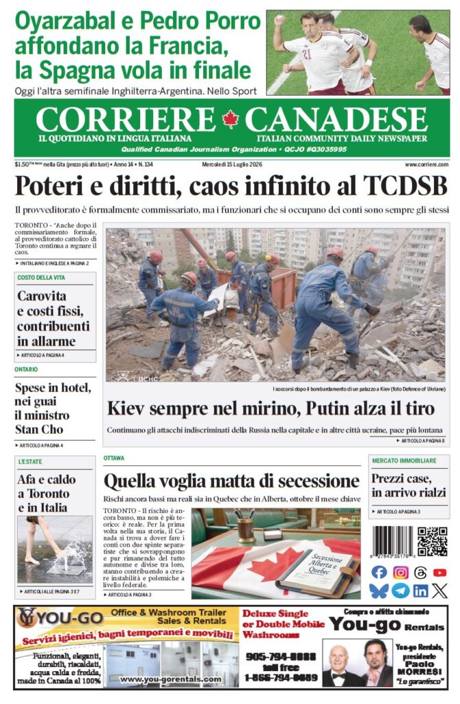 Front page of Corriere Canadese newspaper featuring a bold Italian headline and a photo of rescue workers clearing rubble after a building collapse, with article teasers about Kiev and Putin in the main story.