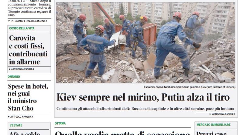 Front page of Corriere Canadese newspaper featuring a bold Italian headline and a photo of rescue workers clearing rubble after a building collapse, with article teasers about Kiev and Putin in the main story.