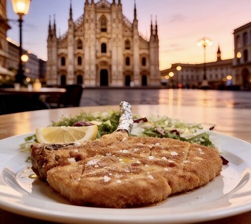 Close-up of a crispy breaded schnitzel on a plate with a lemon wedge and greens, set outdoors against a sunset square and a grand cathedral in the distance.
