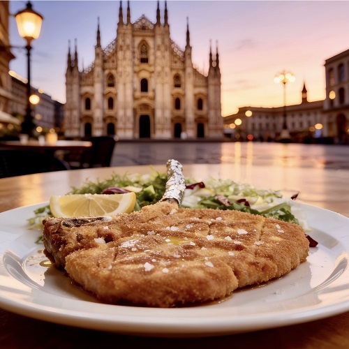 Close-up of a crispy breaded schnitzel on a plate with a lemon wedge and greens, set outdoors against a sunset square and a grand cathedral in the distance.