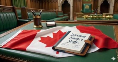 Canadian flag on a green desk in a formal legislative chamber, with a notebook and pencil holder nearby.