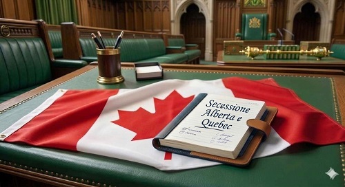Canadian flag on a green desk in a formal legislative chamber, with a notebook and pencil holder nearby.