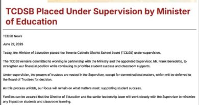 News banner announcing TCDSB placed under supervision by the Minister of Education with the Toronto Catholic District School Board logo (June 27, 2025)