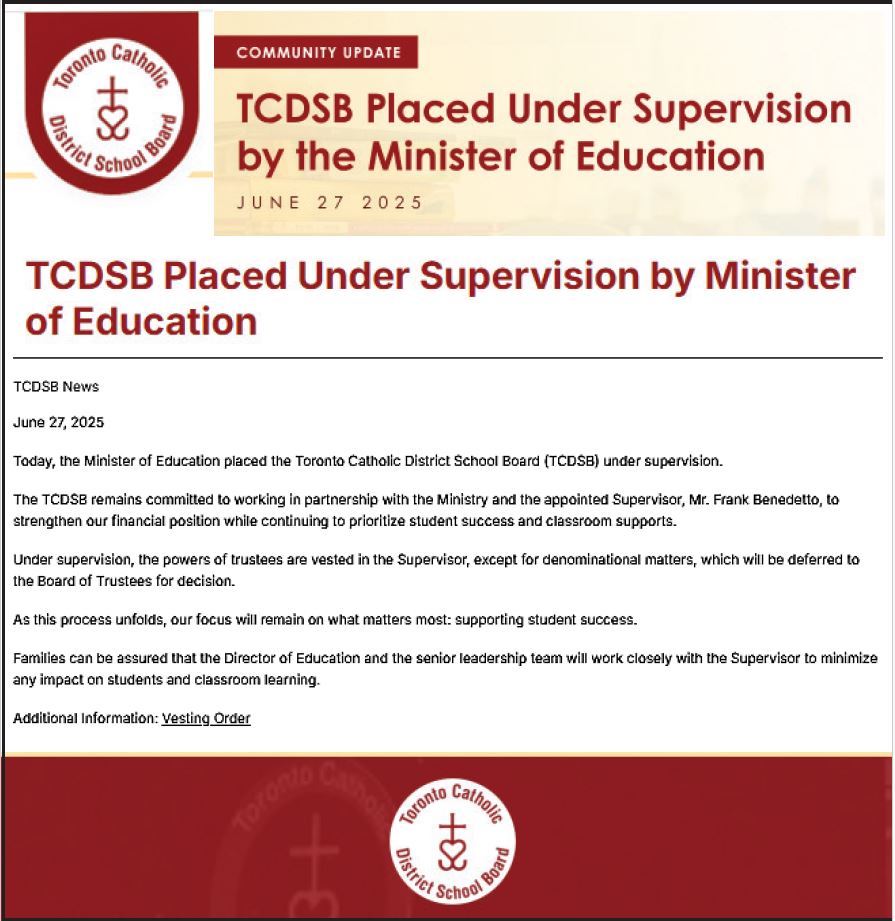 News banner announcing TCDSB placed under supervision by the Minister of Education with the Toronto Catholic District School Board logo (June 27, 2025)