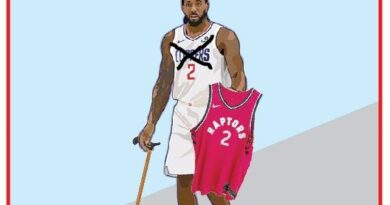Cartoon of Kawhi Leonard in a Raptors jersey walking with a crutch, graphic headline 'Ben Tornato Kawhi Leonard' and caption 'Macché giovani' against a light blue background.