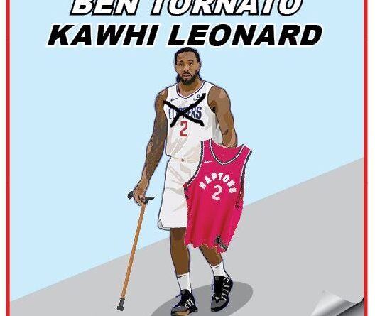 Cartoon of Kawhi Leonard in a Raptors jersey walking with a crutch, graphic headline 'Ben Tornato Kawhi Leonard' and caption 'Macché giovani' against a light blue background.