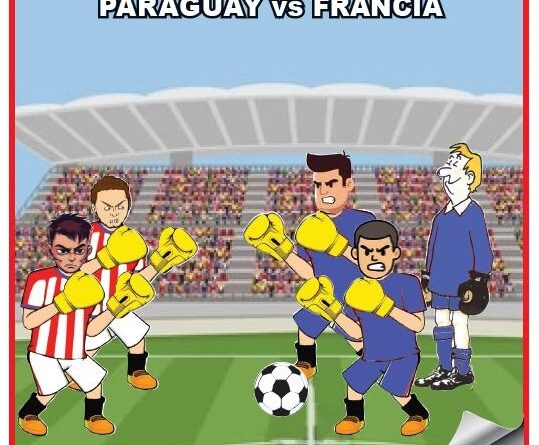 Cartoon: Paraguay vs France, soccer players wearing boxing gloves on a pitch with a stadium crowd; caption 'Calcio o boxing?'
