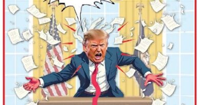 Caricatura di Donald Trump alla scrivania ovale, braccia tese e fogli che volano mentre grida.