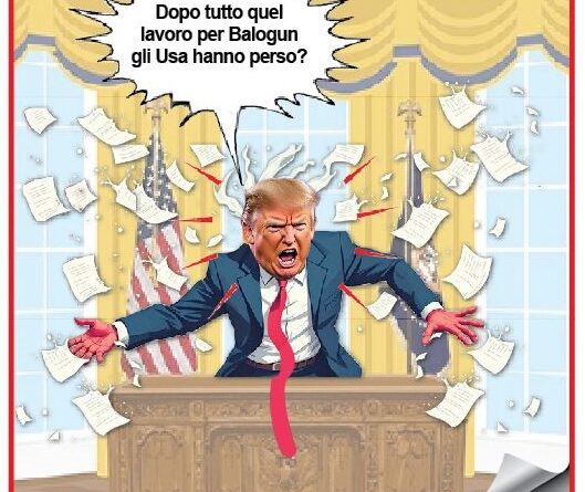 Caricatura di Donald Trump alla scrivania ovale, braccia tese e fogli che volano mentre grida.