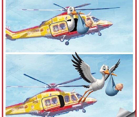 Two-panel cartoon: a yellow rescue helicopter lowering a blue bag with a baby in the first frame, sky background; in the second, a stork carries the bag toward the helicopter.