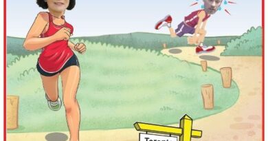 Cartoon of a woman runner ahead on a park path, chased by a man; sign reads 'Toronto mayoral race' (satirical illustration).