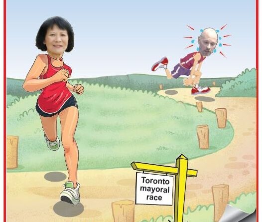 Cartoon of a woman runner ahead on a park path, chased by a man; sign reads 'Toronto mayoral race' (satirical illustration).