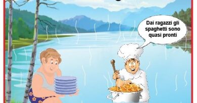 Cartoon: chef boiling spaghetti in a pot in a river, man on the bank holding plates; headline about heat emergency and Po river reaching 32°C (humorous alert).