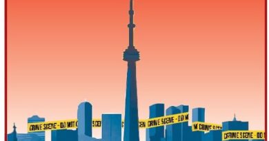 Cartoon illustration of a city skyline at sunset, with a tall central tower and yellow crime-scene tape crisscrossing between buildings.
