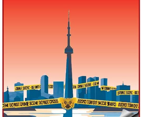 Cartoon illustration of a city skyline at sunset, with a tall central tower and yellow crime-scene tape crisscrossing between buildings.