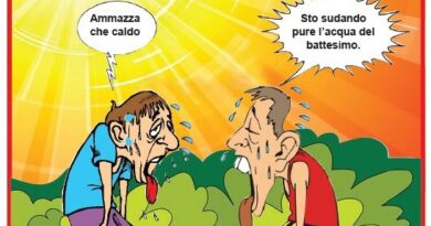 Cartoon of two men sweating under a blazing sun; one says 'Ammazza che caldo', the other 'Sto sudando pure l'acqua del battesimo'.